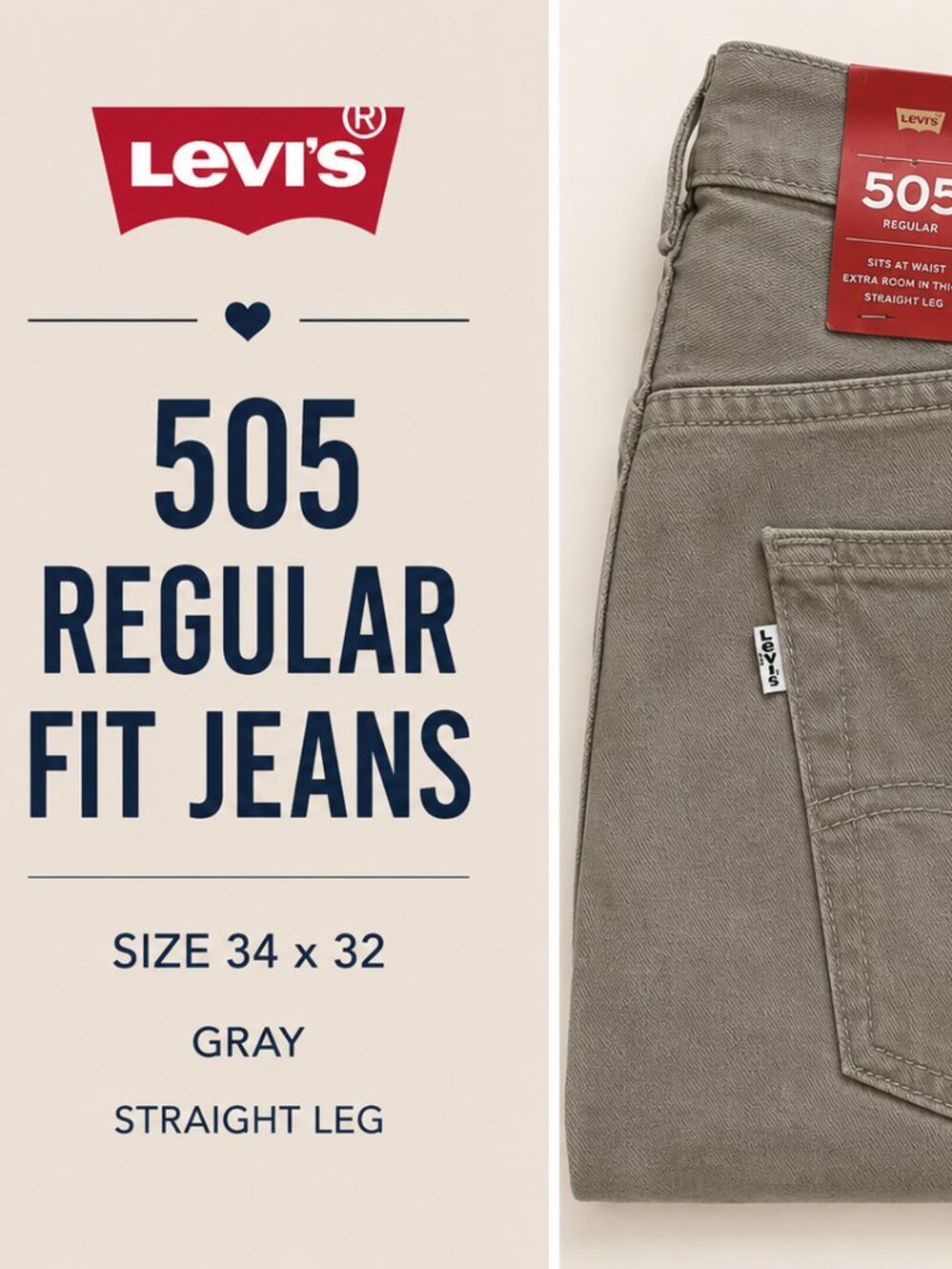 Levi's 505 Regular Fit Jeans NWT Straight Leg Men's 34x32
